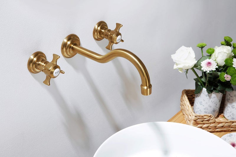 SITGES Antique Wall Faucet,Two Handle Bathroom Sink Wall Mount Faucet with Rough in Valve Included,Gold Brushed - Image 5